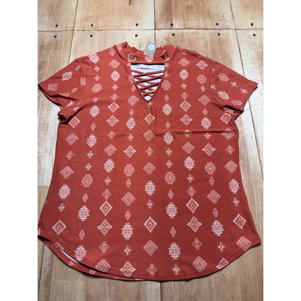 No Boundaries Orange Geometric Lace Up V Neck T Shirt Top XXXL Plus Size